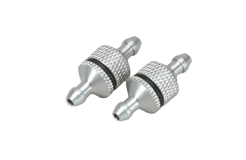 Two silver metal inline RC fuel filters on a white background