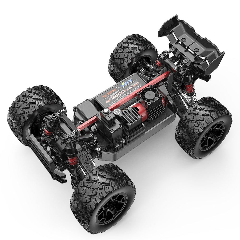 Black off-road MJX-14207 RC car chassis with detailed components on a white background