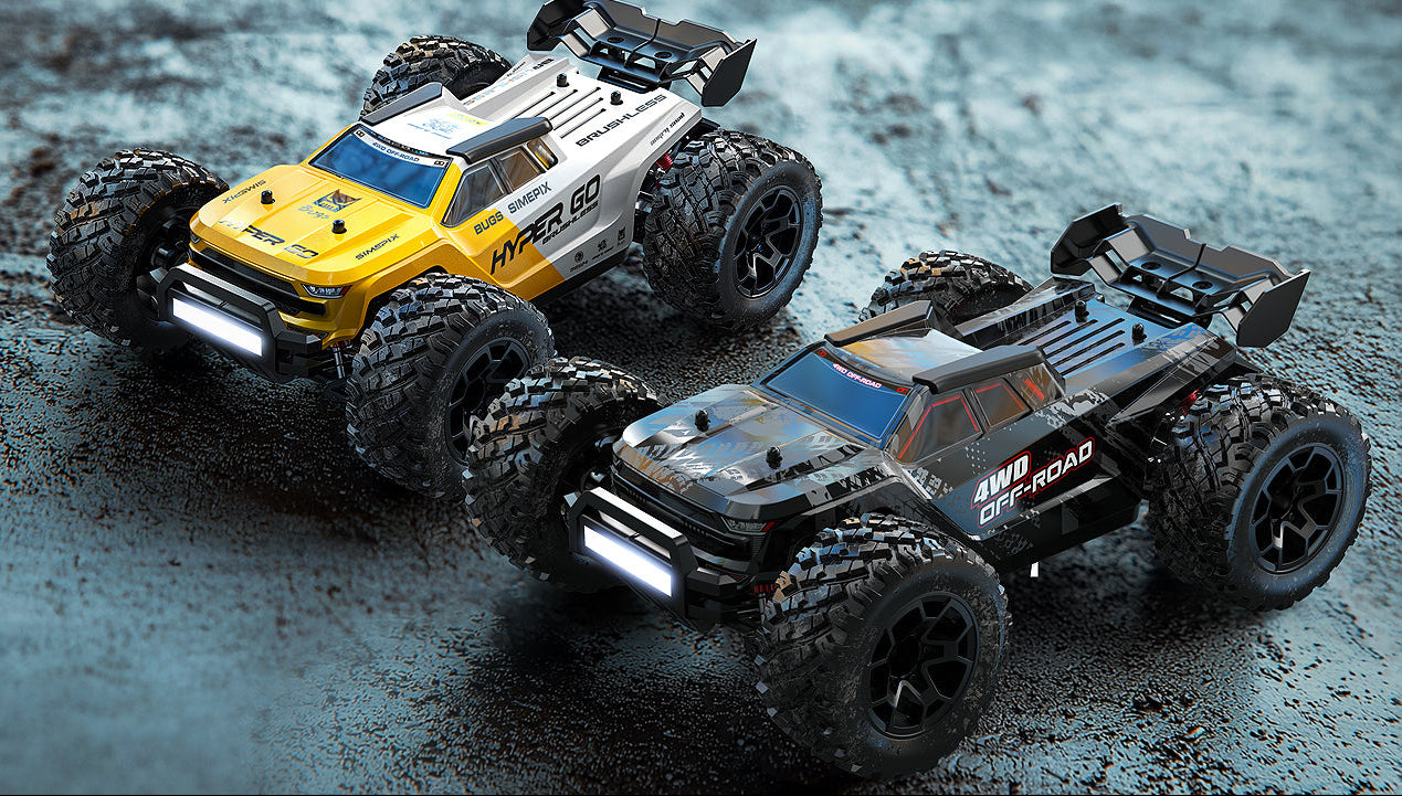 Two remote control monster trucks on a textured surface