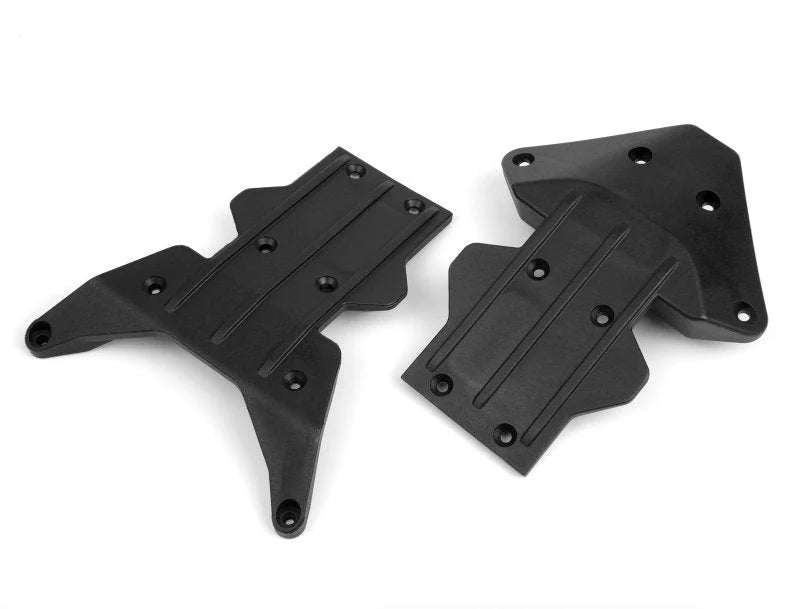 Three black plastic mounting brackets on a white background