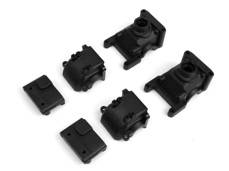Set of six black plastic components on a white background