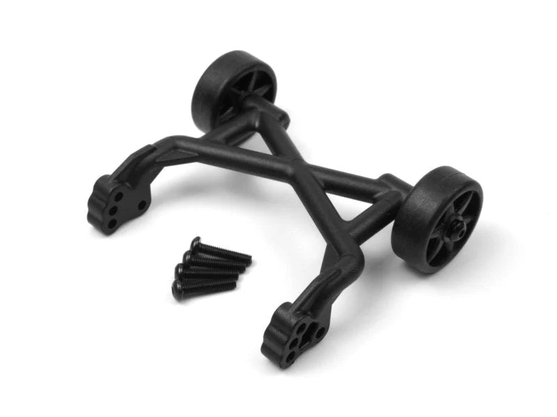 Black metal chassis with wheels and screws on a white background