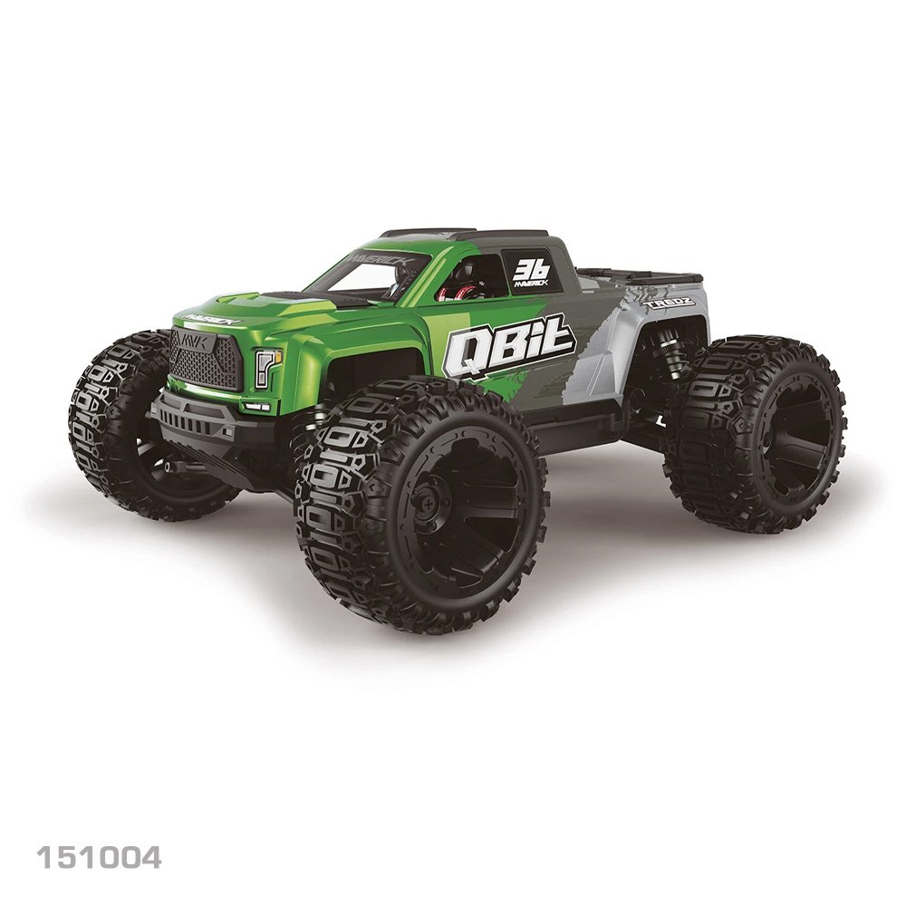 Green and gray monster truck toy with 'QBIT' branding on a white background