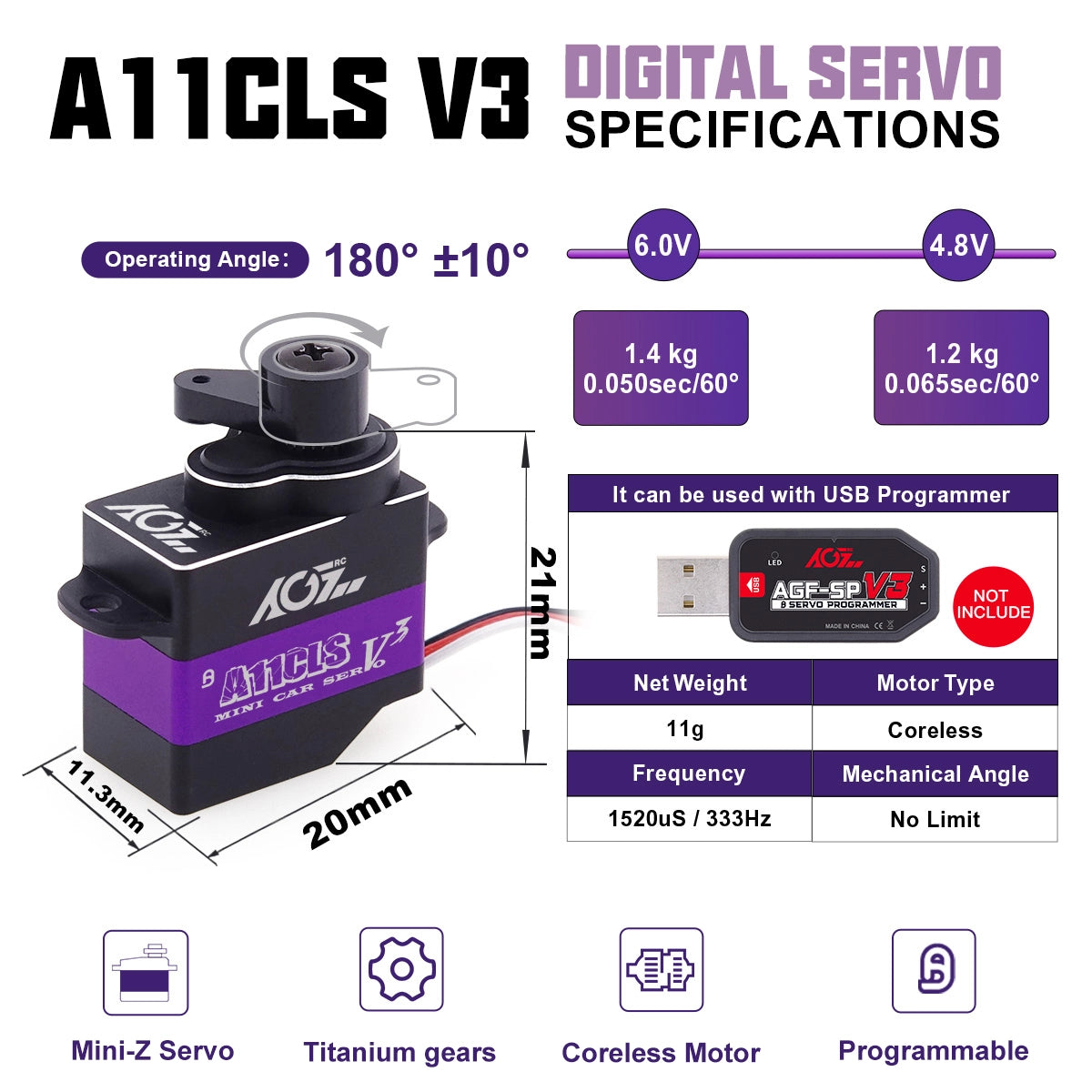 AGFRC 1.4KG Micro Programmable Coreless Digital RC Servo for Mini Car (A11CLS V3)