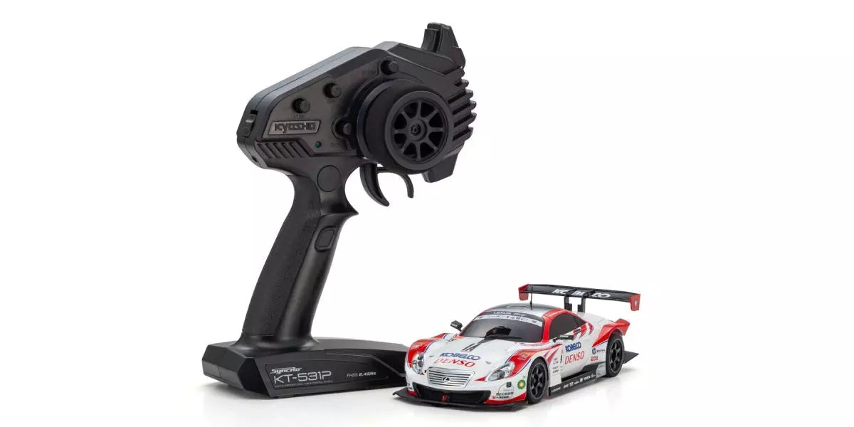 Kyosho Mini-Z Denso Kobelco 1/28th RC car with Black remote control on a white background