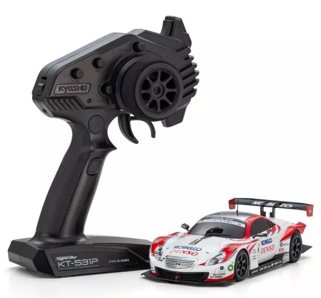 Kyosho Mini-Z Denso Kobelco 1/28th RC car with Black remote control on a white background