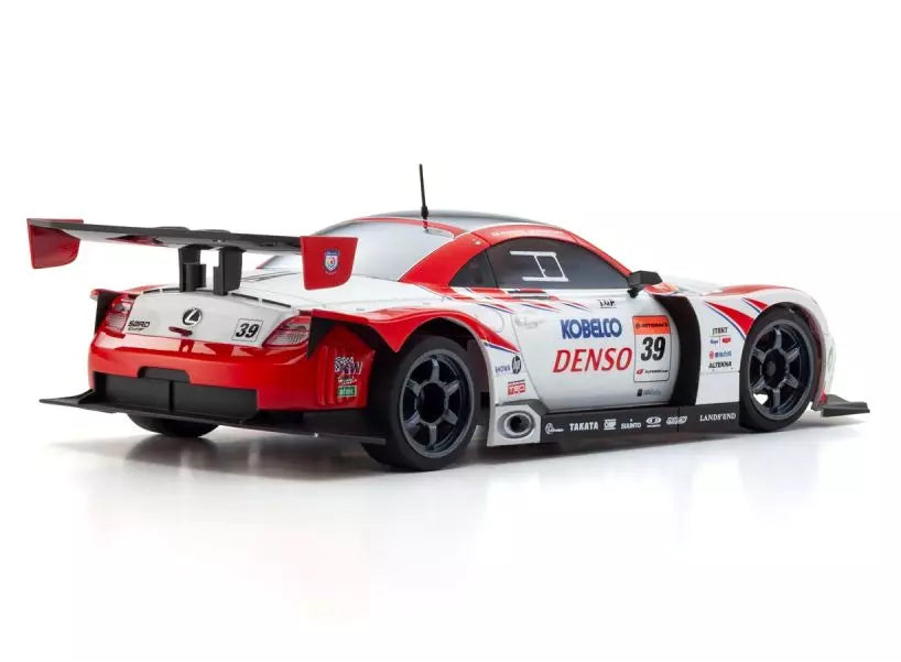 Kyosho Mini-Z Denso Kobelco 1/28th RC car Rear view with large rear wing in Red and white with visible branding on a white background