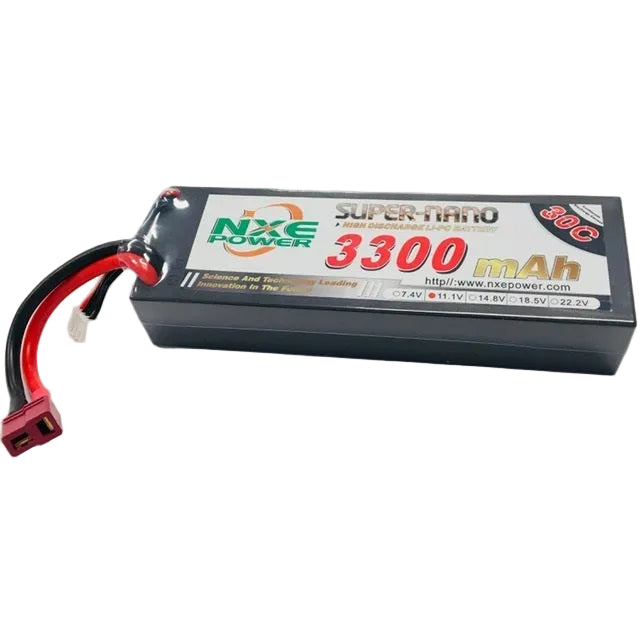 A 3300 mAh LiPo battery from NXE Power, featuring a black rectangular body with a white, red, and green label, and attached red and black wires with a red connector, shown on a white background.