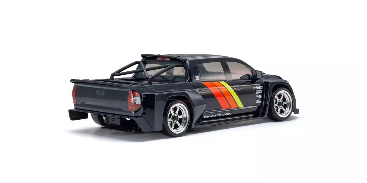 Black model car with red and yellow stripes on a white background