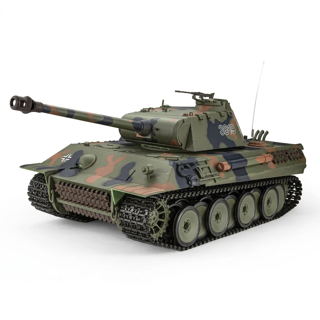 Heng Long HL-3819-1 German Panther 1/16 camouflaged RC Tank with 3819 markings on the side of turret on a white background