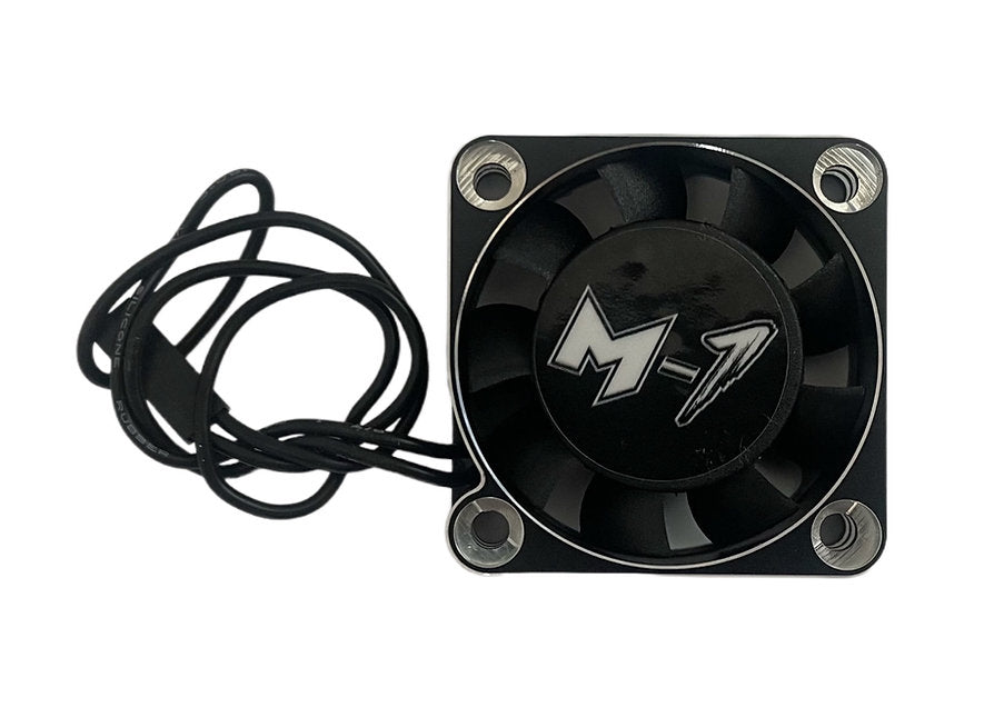 A 40mm black and silver motor fan with an aluminum frame and wires, designed for model racers.
