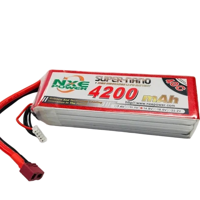NXE Power 4s 4200mah battery pack with red and black connectors on a white background