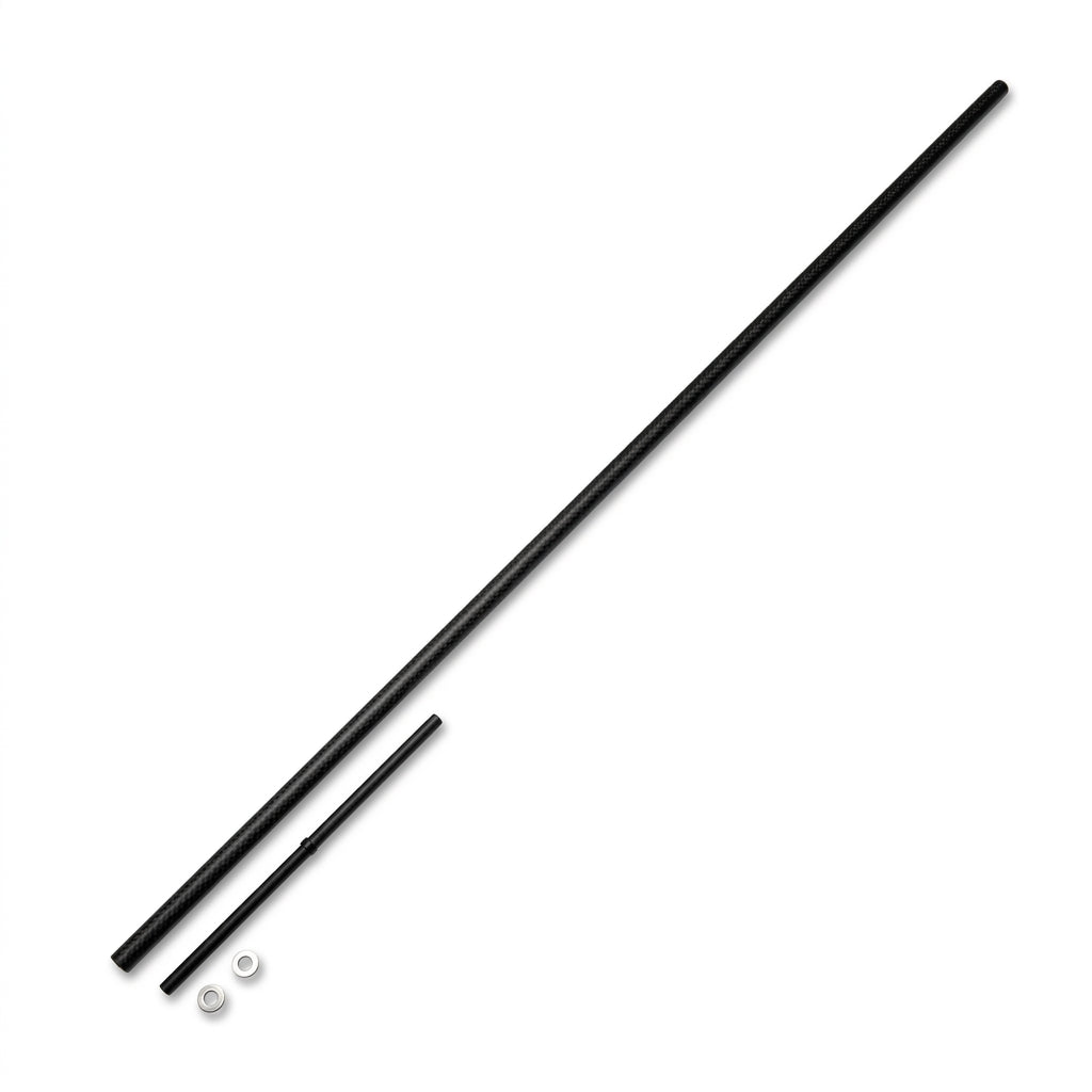 Two long black metal rods with small metal washers, displayed diagonally on a light gray background.