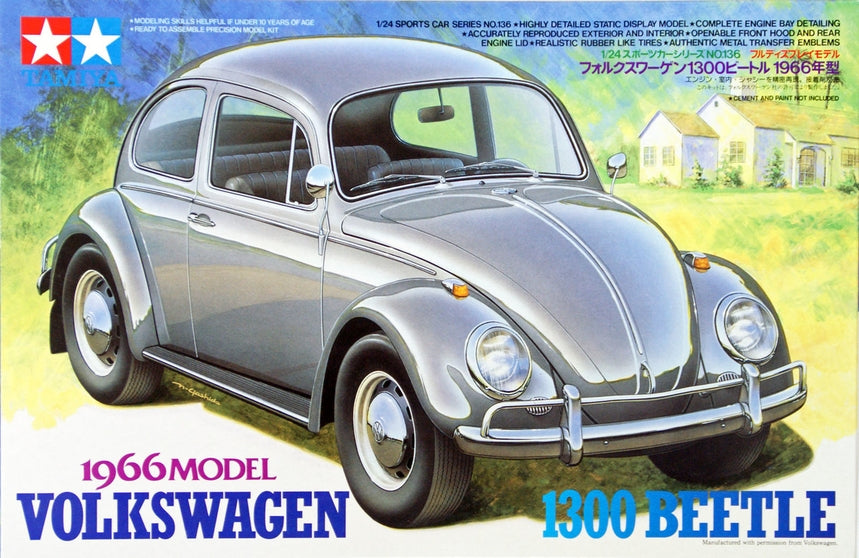 Model kit box for a 1966 Volkswagen Beetle with a suburban background