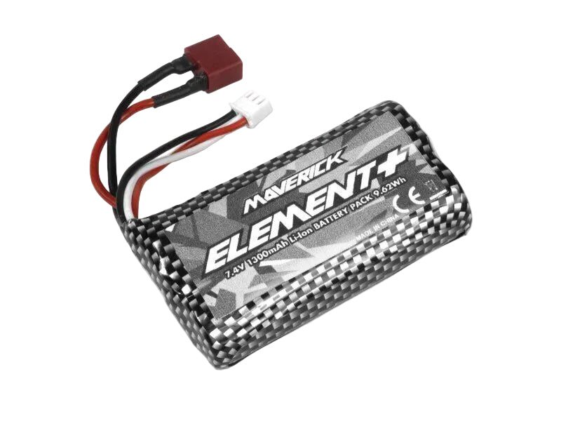 A MAVICK Element+ 2S LiPo battery pack with a black and gray carbon fiber patterned casing, featuring red, black, and white wires with a red connector, shown on a white background.