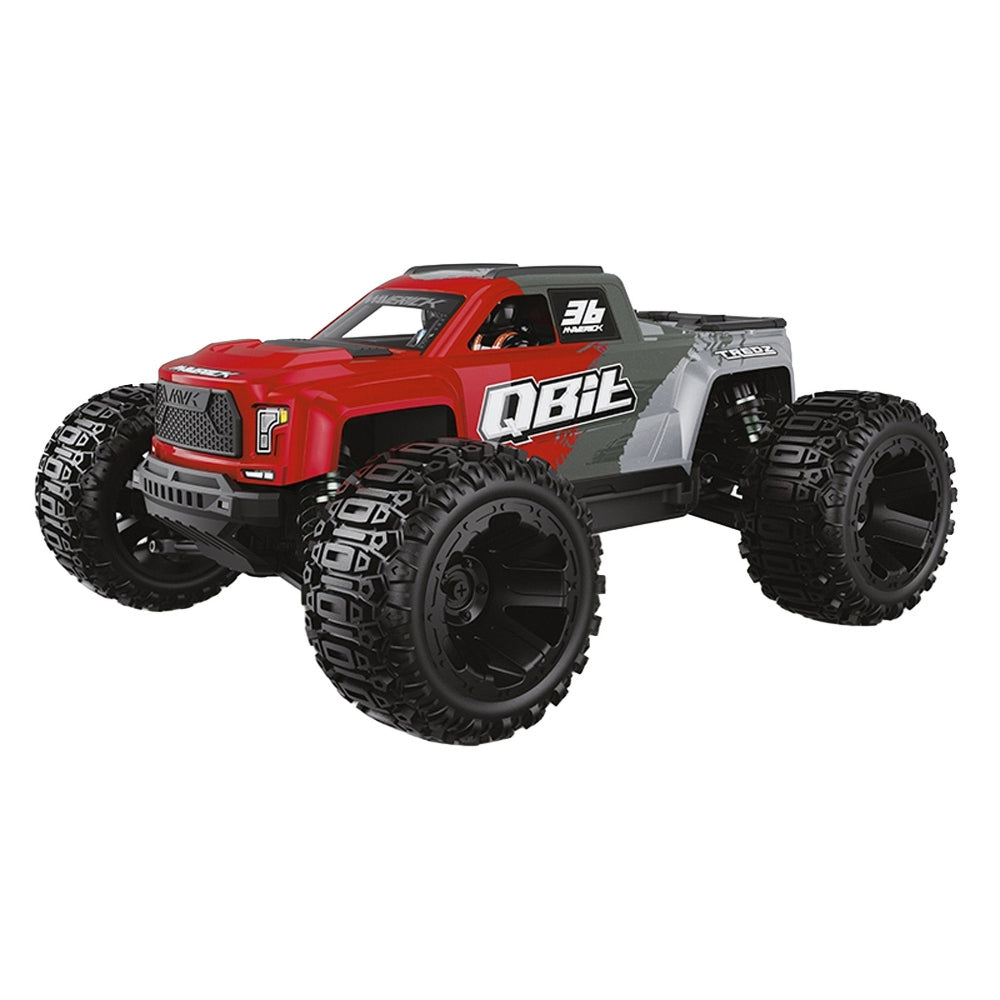 Red and gray monster truck with large black tires on a white background