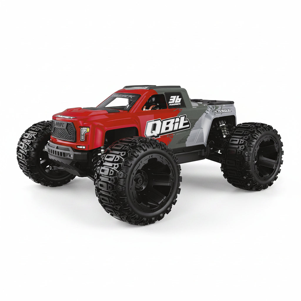 Red and gray monster truck with large black tires on a white background