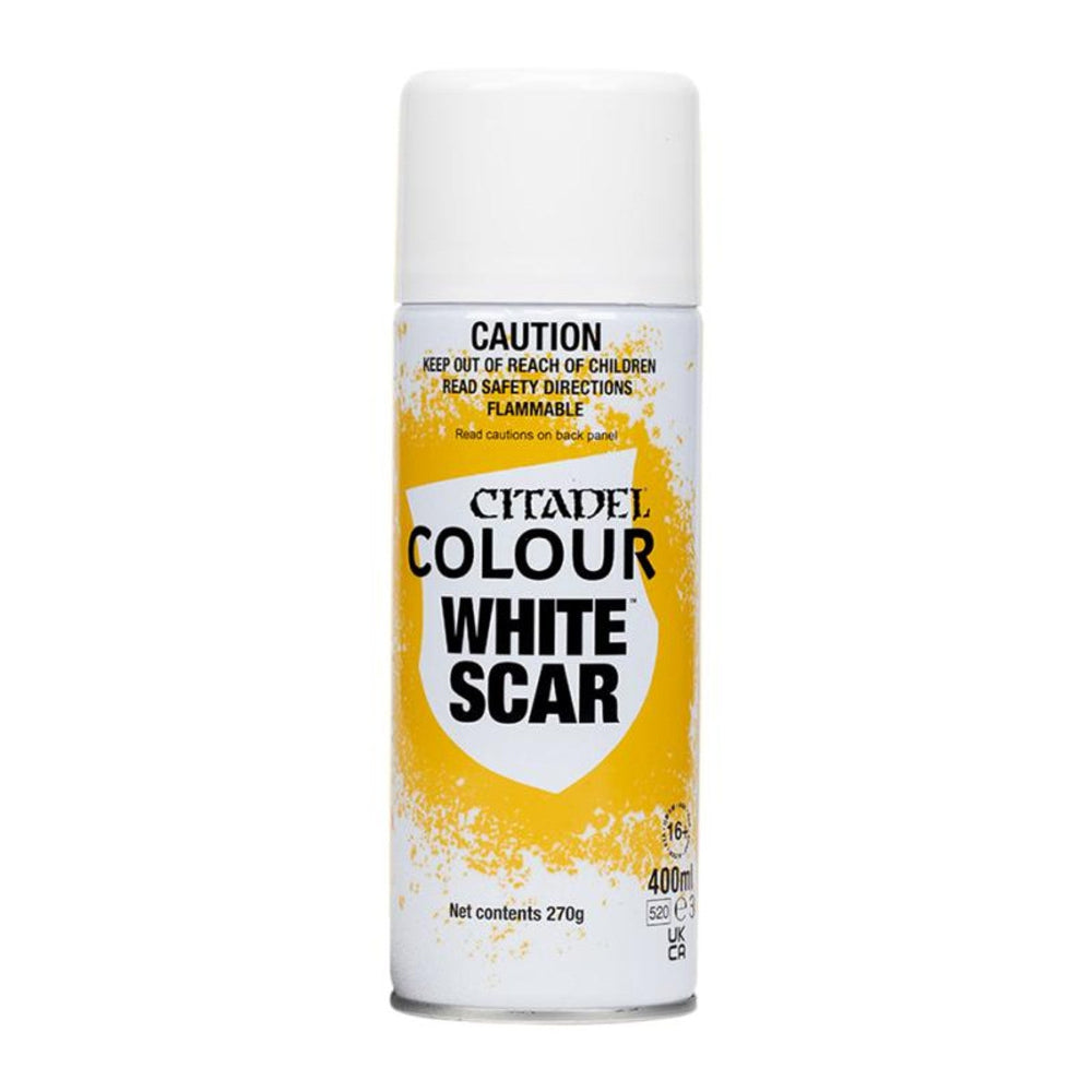 Can of Citadel Colour White Scar spray paint on a white background
