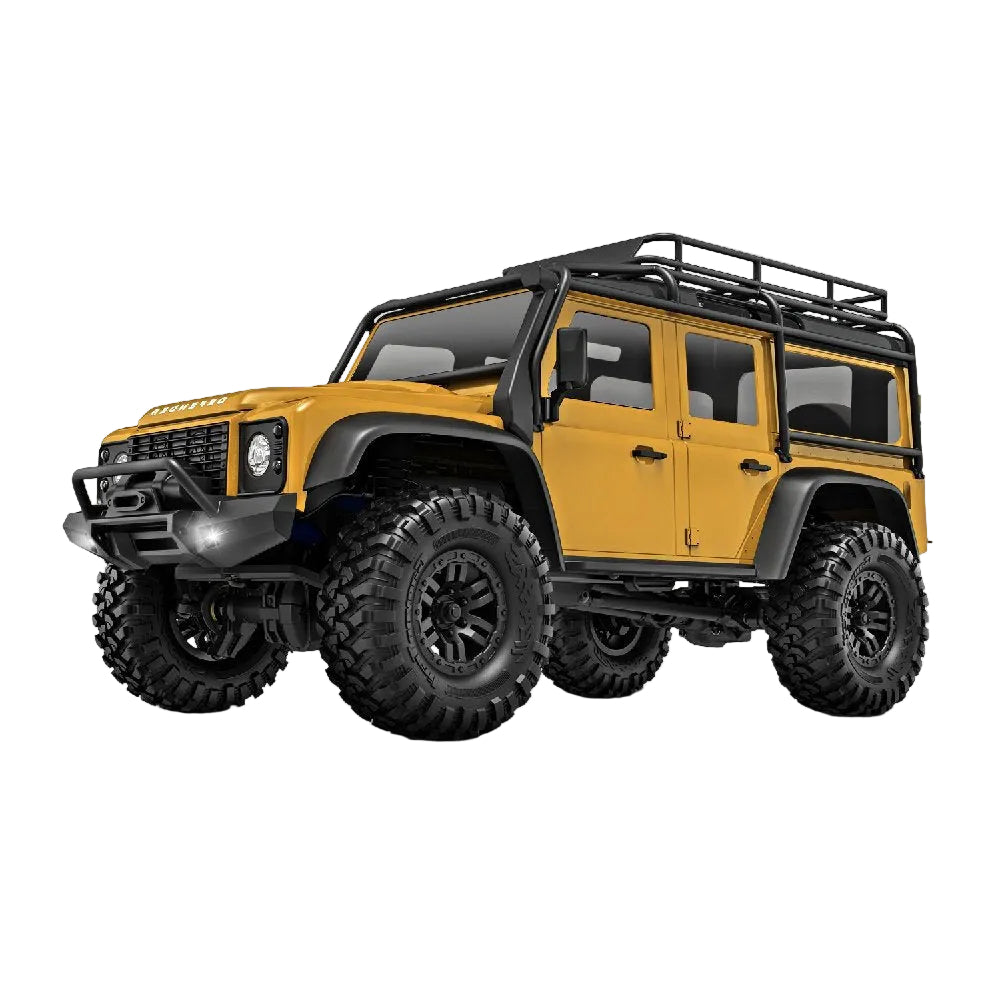 Yellow off-road vehicle with large tires on a white background