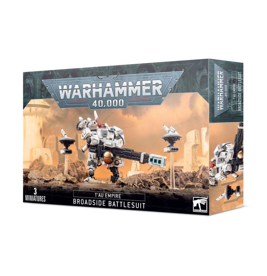 Product image for Warhammer 40000 Tau Empire Broadside Battlesuit tabletop game miniatures, showing the box with the miniatures displayed both assembled and in parts.