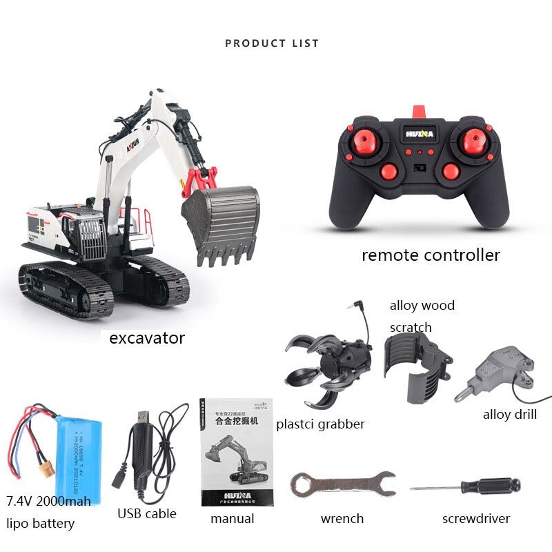 List of items included with a Huina 1594 RC EXCAVATOR set on a white background