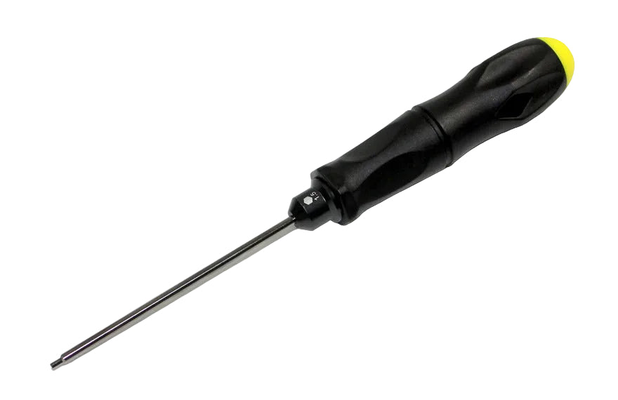 Black screwdriver with a yellow tip on a white background