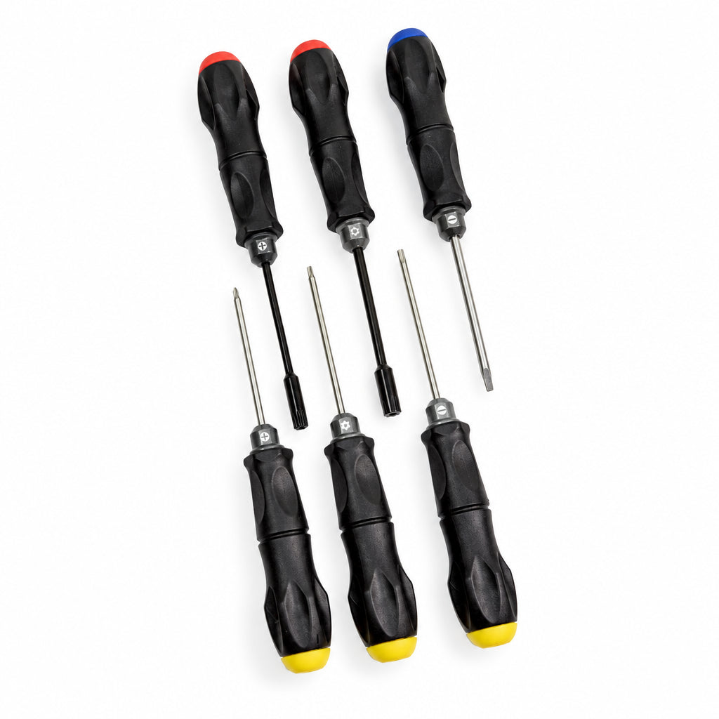 6 black handled hand tools on a white background
