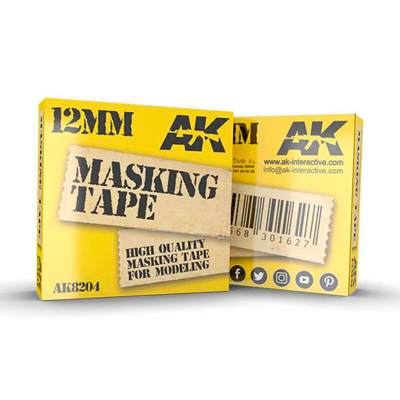 Box of AK Interactive 12mm masking tape with yellow and brown design.