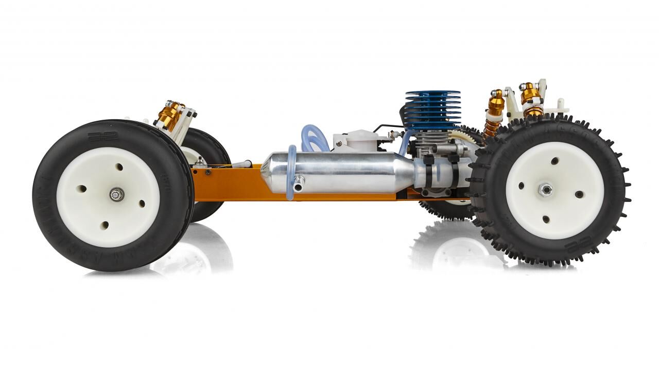 Team Associated - The RC10GT Classic Side on shot of chassis. blue anodised engine head - white background