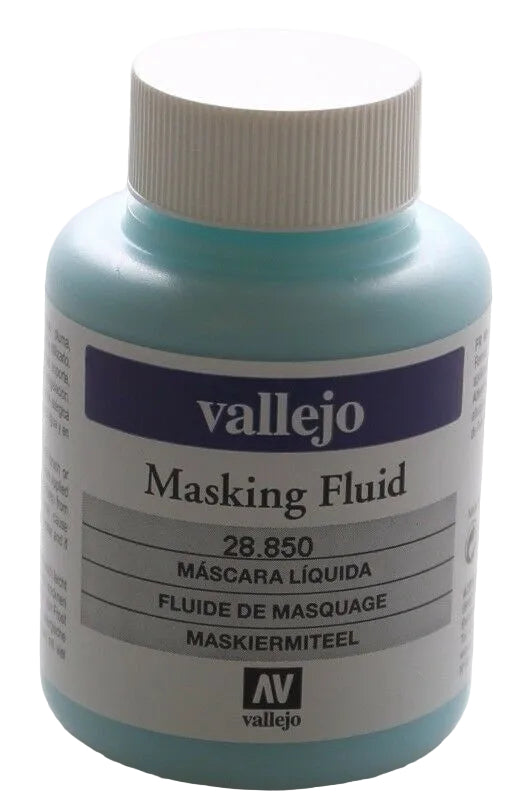 A bottle of Vallejo Masking Fluid, product number 28.850, featuring a light blue bottle, white cap, and a white label with purple and gray accents.
