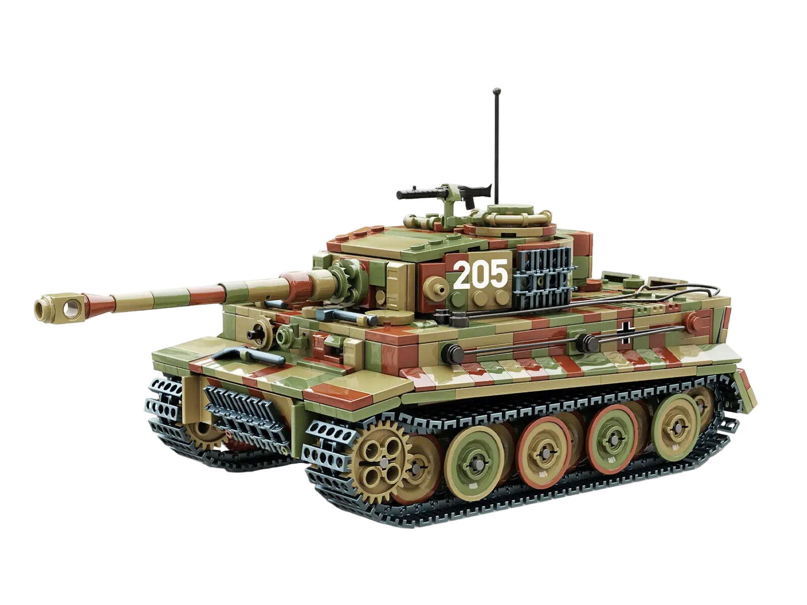 Model tank with camouflage pattern on a white background