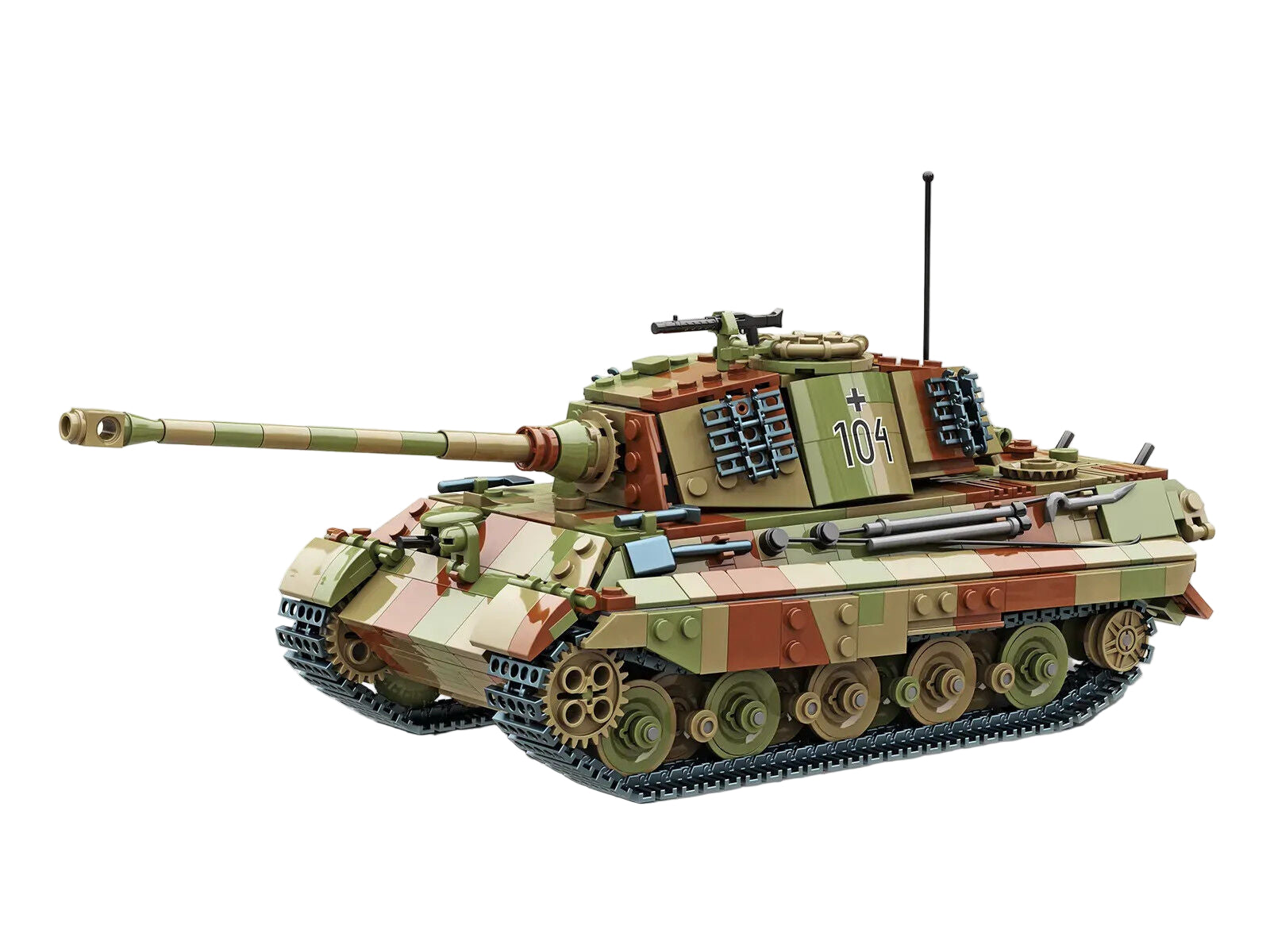 Model tank with camouflage pattern on a white background