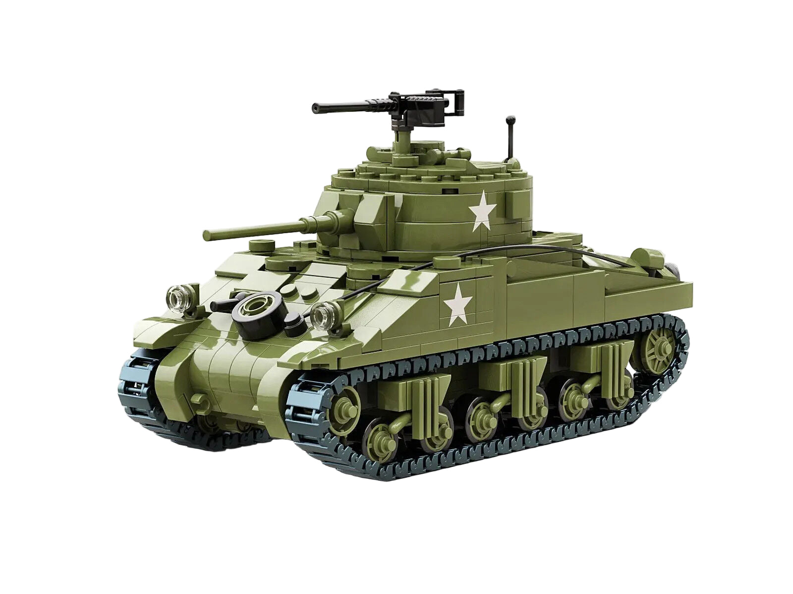 Toy tank model made of interlocking bricks on a white background