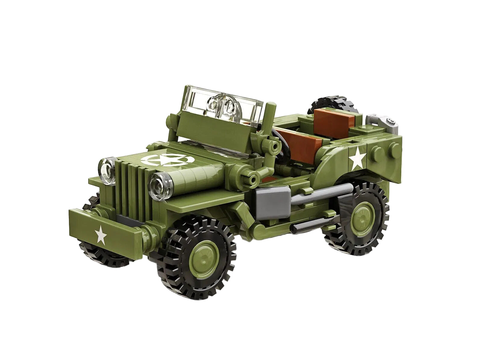 Toy military vehicle made of interlocking bricks on a white background
