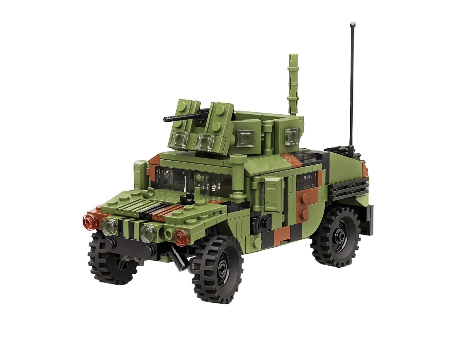 Toy military vehicle made of interlocking bricks on a white background