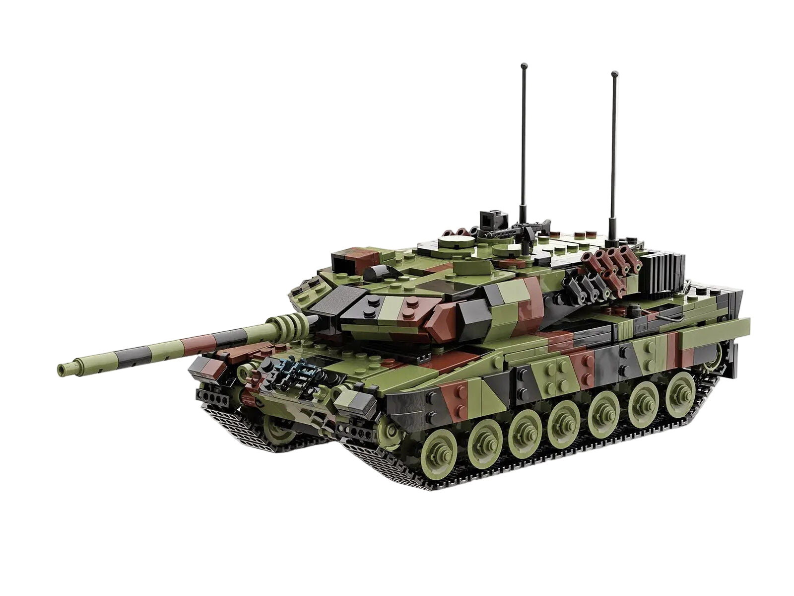 Camouflage toy tank model on a white background