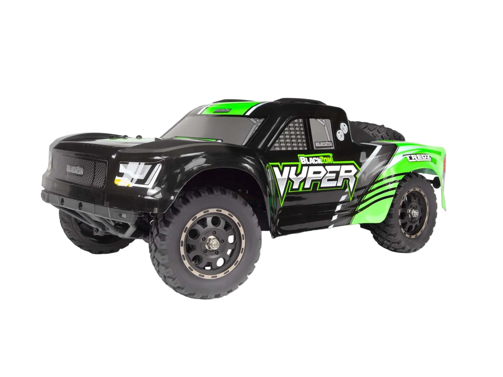 Black and green toy truck with 'Viper' branding on a white background