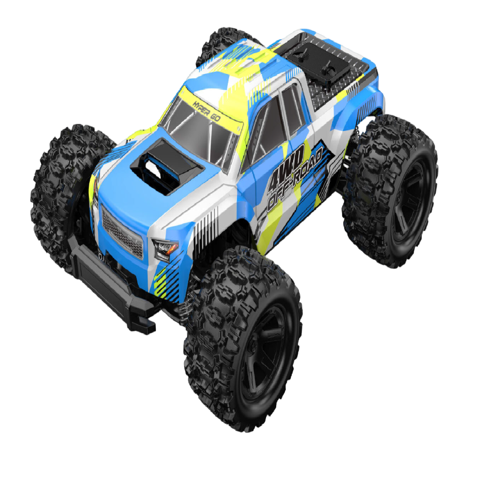 Toy monster truck with blue and yellow design on a white background
