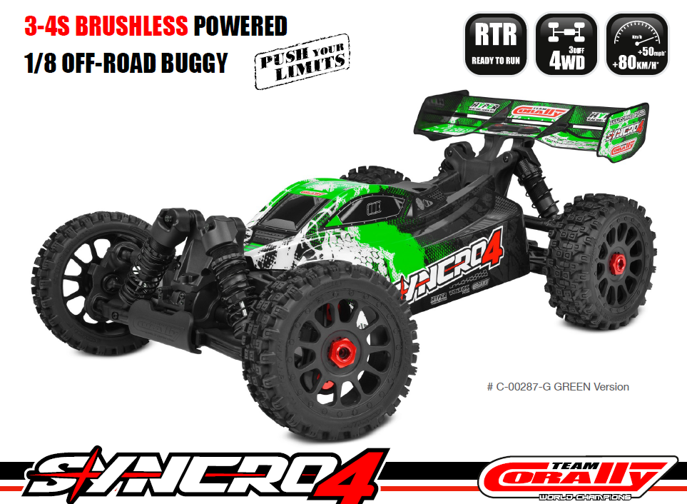 Team Corally SYNCRO-4 RTR Green 1:8 scale RC buggy with brushless motor and 4WD drivetrain