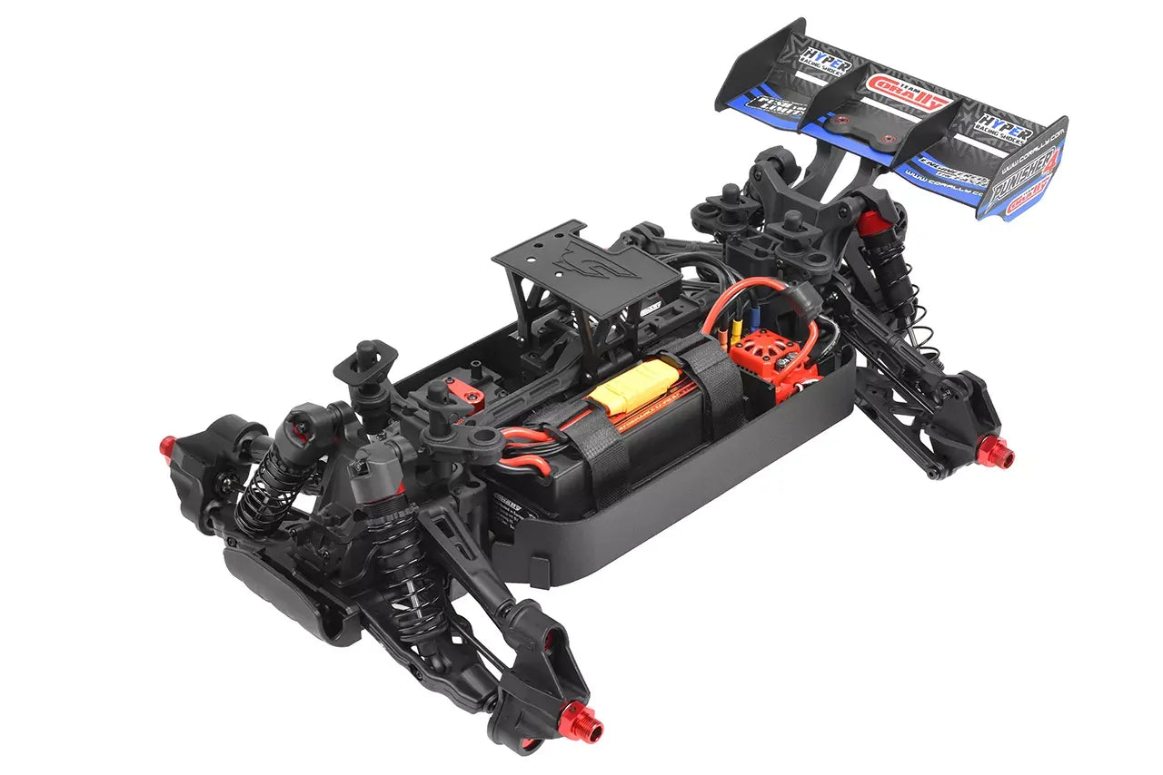 Team Corally Punisher4 RC car chassis with suspension components on a white background