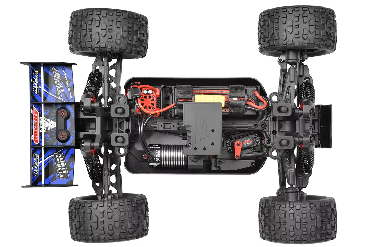 Overhead view of Team Corally Kagama 10 revealing chassis layout