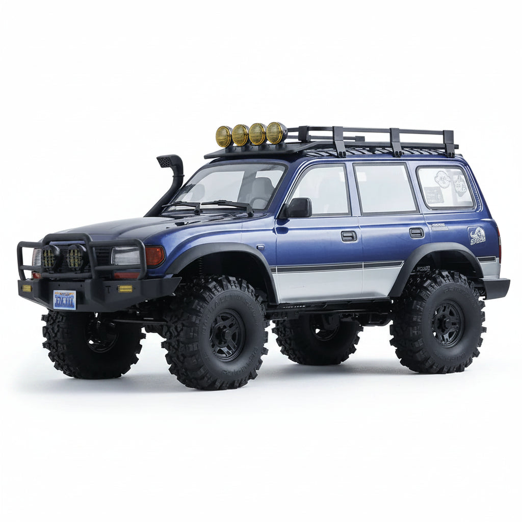 Model of a blue FMS FCX10P V2 LC80 PRO 1/10 Brushless RC Rock Crawler with large tires on a white background