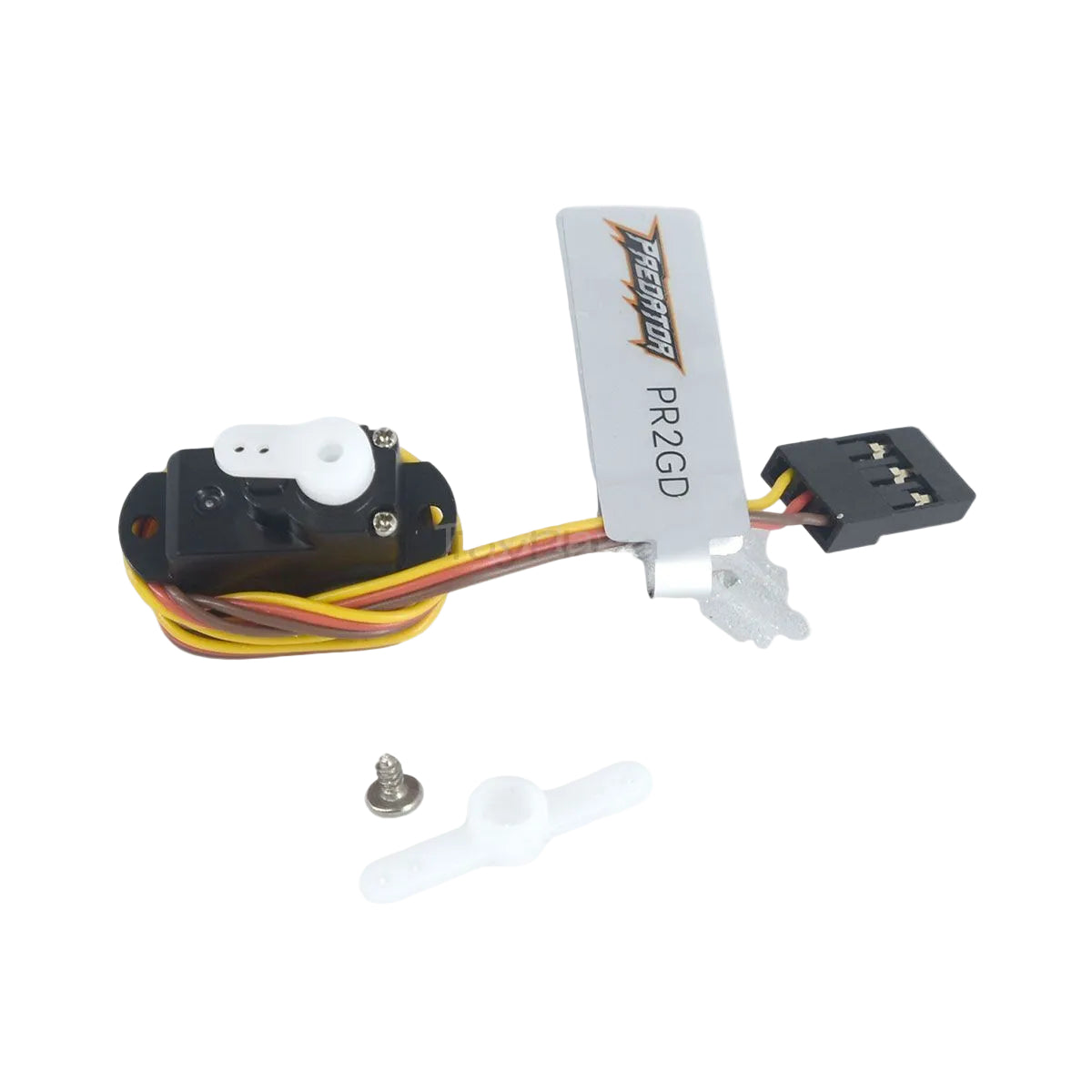 A Servo PR2CD 12V RC servo motor with a silver heat sink, black motor housing, yellow and red wires, a black connector, a white mounting tab, a white T-piece, and a small silver screw, shown on a white background.