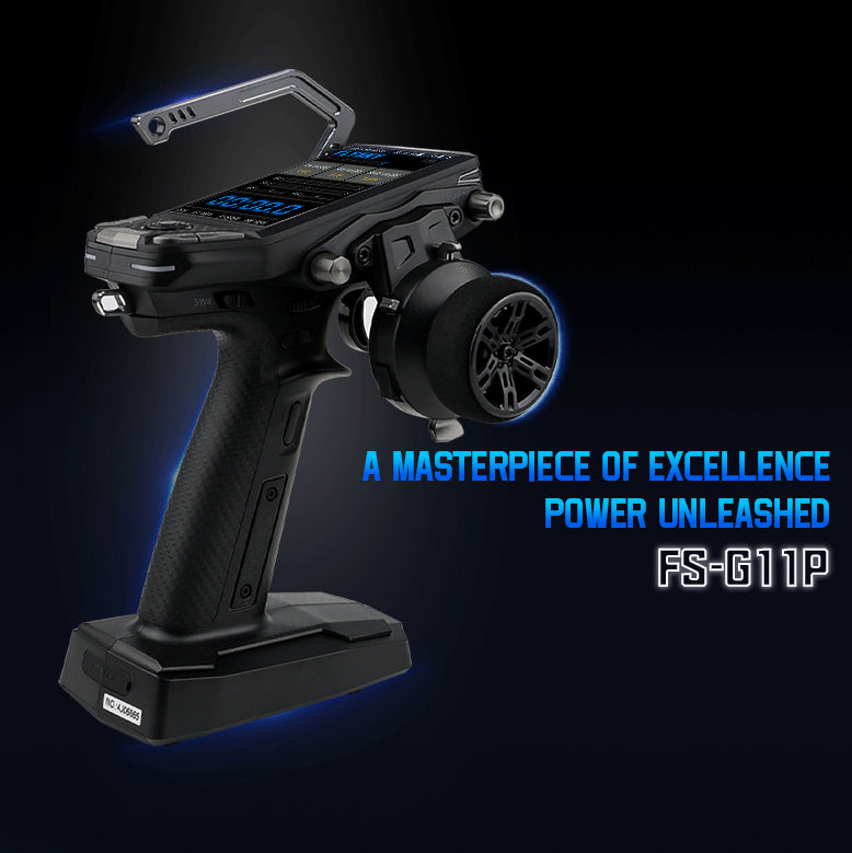 Black remote control with digital display on a dark background, featuring text 'A Masterpiece of Excellence Power Unleashed FS-G11P'. Flysky