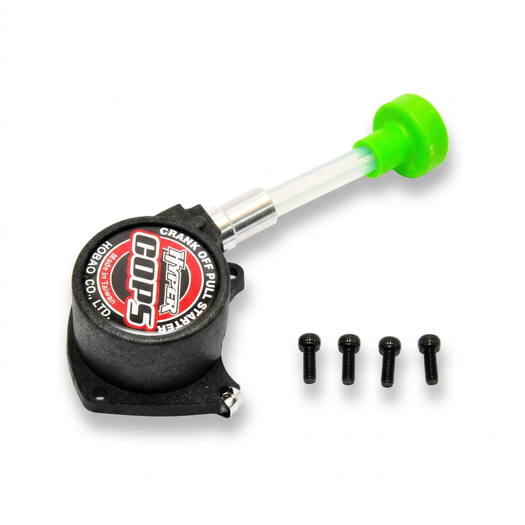 A black pull starter with a bright green plastic handle and a clear tube, shown with four black mounting screws on a white background.