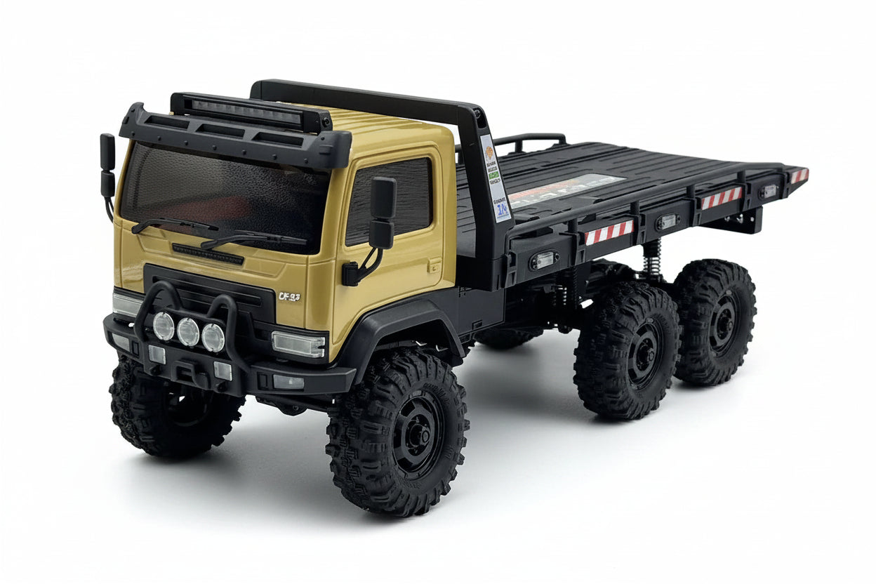Toy truck with a yellow body and black details on a white background