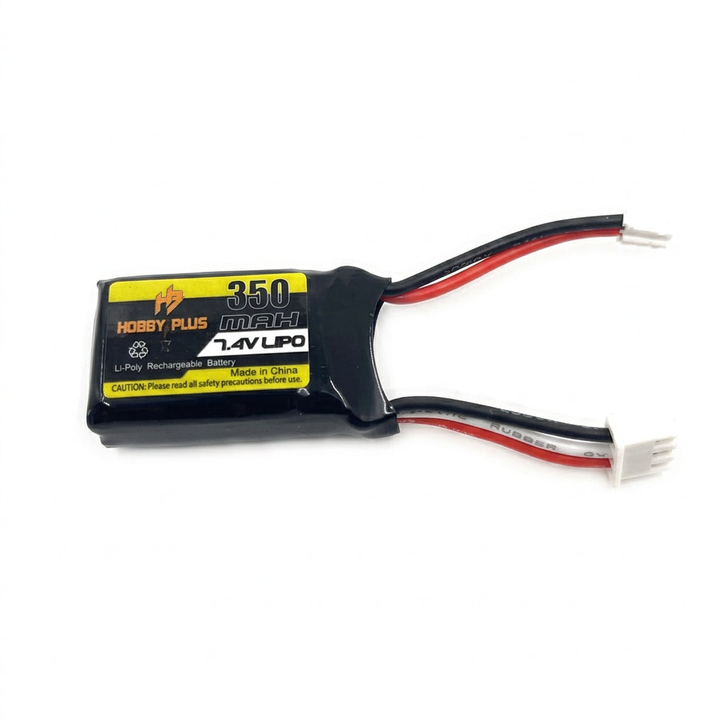 A 250 mAh 7.4V LiPo battery pack with a black casing and yellow label, featuring red and black wires connected to a white connector, shown on a plain white background.
