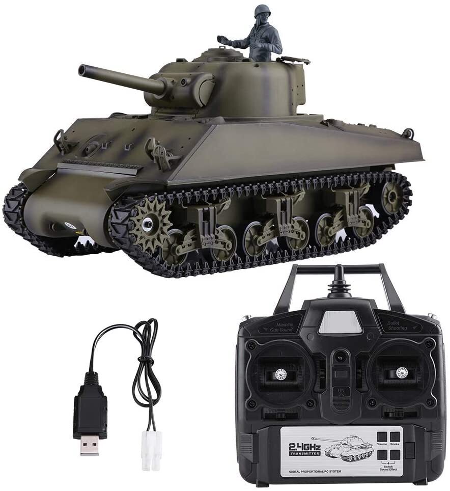Heng Long 1/16 M4A3 Sherman RC Tank tank with remote control and USB charger on a white background