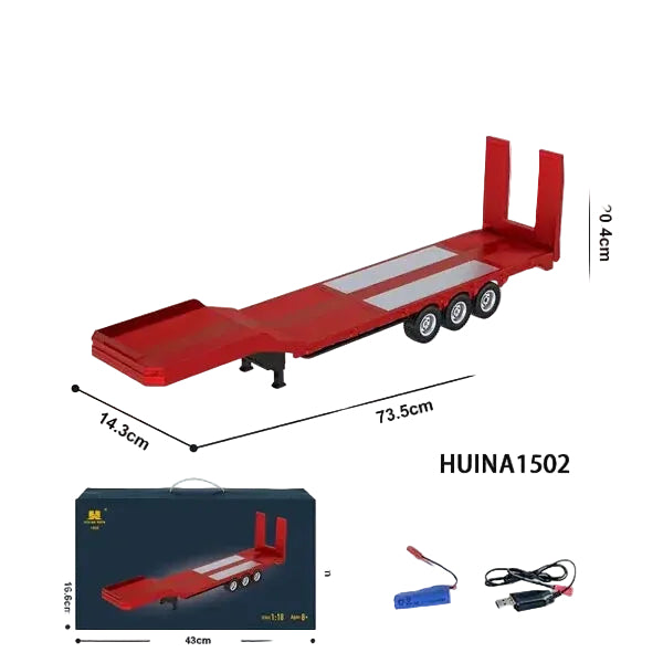 Red toy platform semitrailer with dimensions and Hui Na Toys branding on a white background.