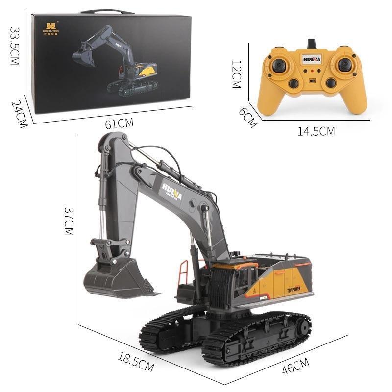 Measurement chart of a Huina 1/14 HN1592 RC Excavator and remote control with dimensions displayed.